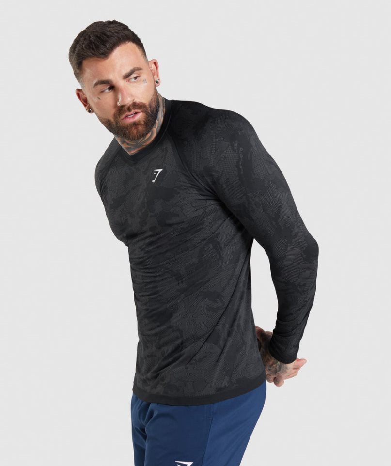 Men's Gymshark Geo Seamless Long Sleeve T-Shirts Black | NZ 2FGYAN